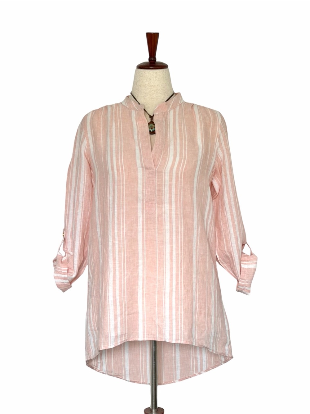 Ellen Tracy Pink White Striped 100% Linen Roll Tab Sleeve V-neck Tunic Blouse M